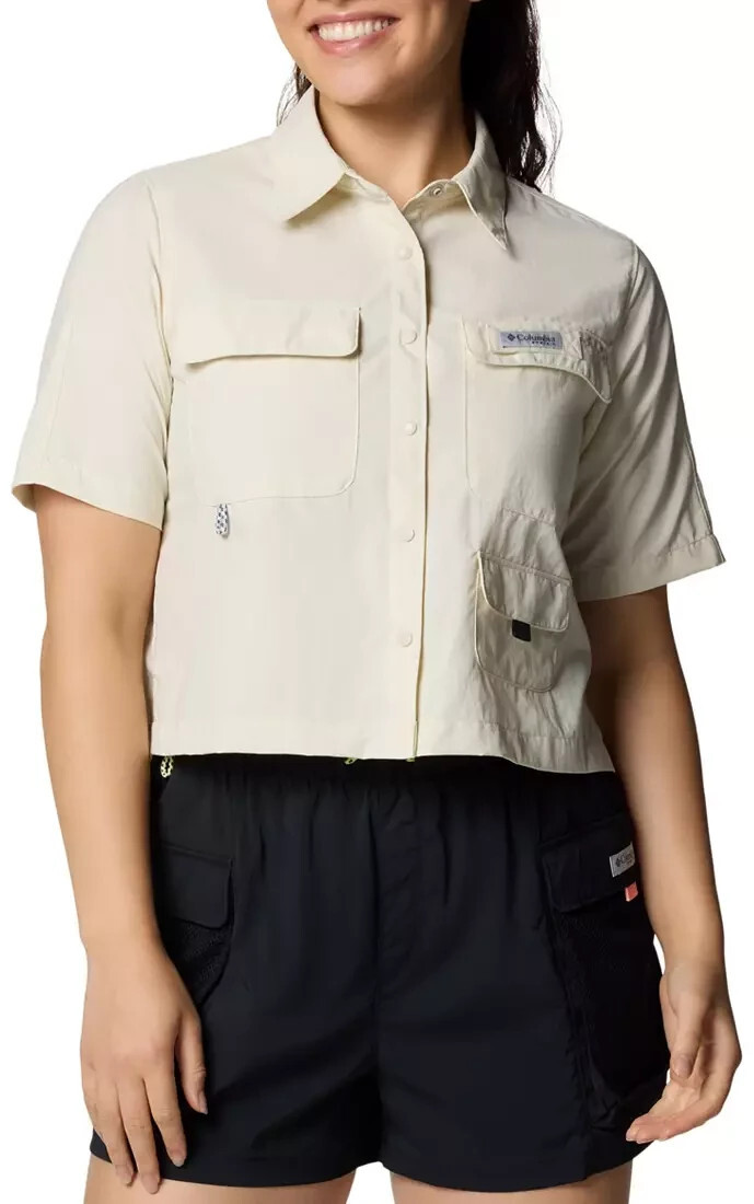 Columbia Women&#39;s PFG Open Water Short Sleeve Snap Button Shirt Tan XS Bo... - $34.84 CAD
