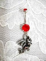 3D Pewter Fantasy Dragon Charm 14g Red Cz Navel Belly Ring Barbell - £4.78 GBP