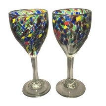 Pair Hand-blown Stemmed Wine Glasses Multicolor Confetti Swirl Heavy Wei... - $35.64