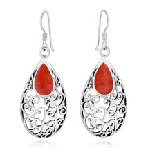 Filigree Vines Oval Red Coral Inlay .925 Silver Dangle Earrings - £16.83 GBP