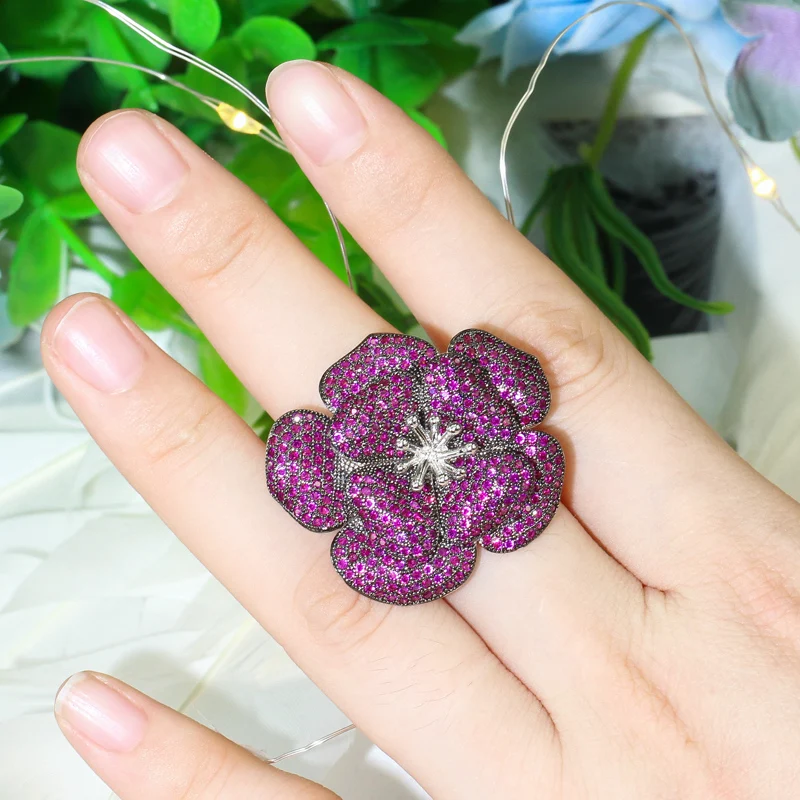 3D Big Hot Pink Red Cubic Zircon Flower Adjustable Finger Ring for Women Engagem - £23.61 GBP