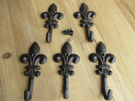 5 Cast Iron Fleur De Lis Coat Hooks Hook Hall Tree Hat Dog Leash Fluer F... - $17.99