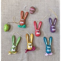 Vintage Hand Painted Wood Easter Bunny &amp; Eggs Mini Ornaments Kitsch Primitive - £11.86 GBP