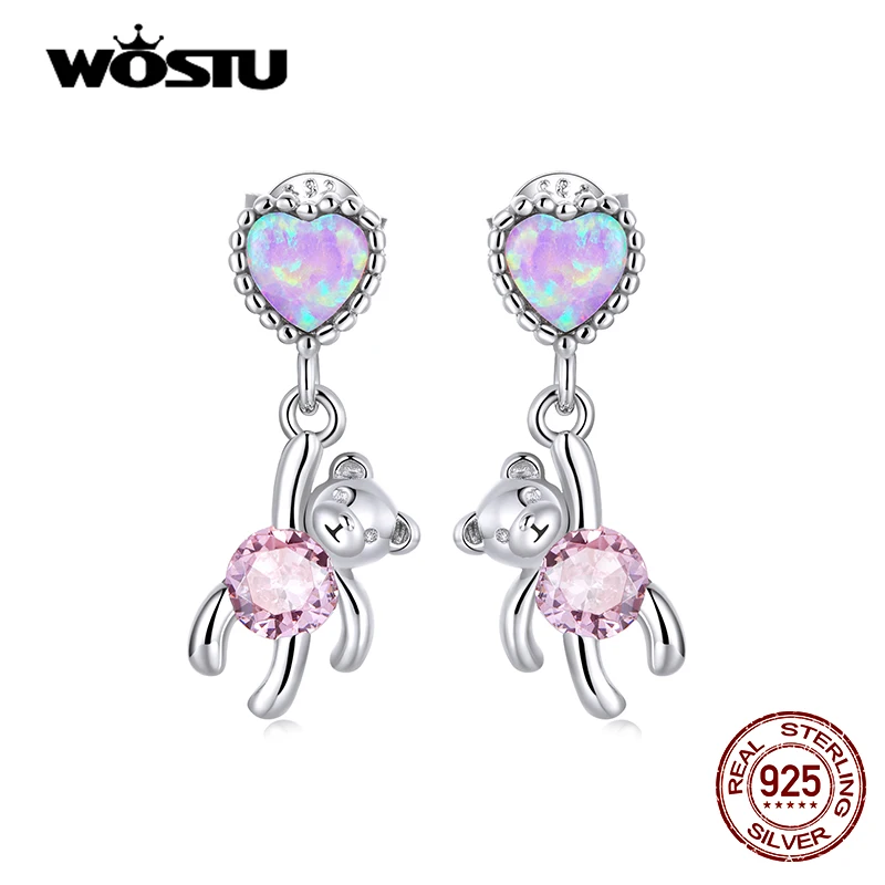 925 Sterling Silver Purple Opal Love Heart Pink Bear Round Bead Stud Earrings Fo - $49.17