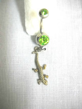 STERLING SILVER DETAILED TINY GECKO CHARM LIME GREEN CZ BELLY BAR NAVEL ... - £4.71 GBP