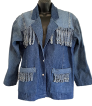 Handmade Distressed Denim Jacket Ladies Tassels Silver Beads Snap Front Large - £19.55 GBP