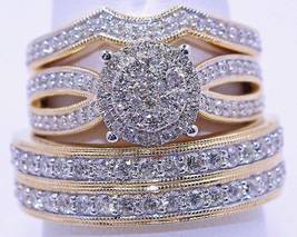 14K Yellow Gold Over Diamond Engagement Bridal Wedding Trio Ring Set His &amp; Hers - £89.62 GBP