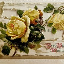 Best Birthday Wishes Greeting Card 1910s Ribbon Embossed Roses Germany P... - £22.99 GBP