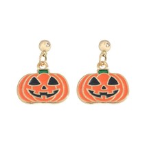 Gold Jack O&#39;Lantern Enamel Post Drop Earrings Pumpkin Halloween - £7.14 GBP