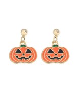 Gold Jack O&#39;Lantern Enamel Post Drop Earrings Pumpkin Halloween - £6.97 GBP