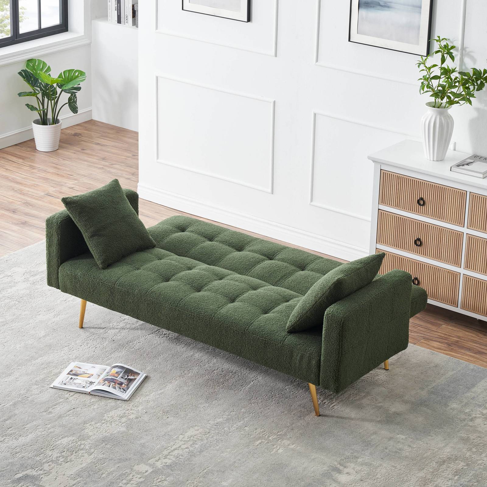 71.7" Green Teddy Fleece Sofa Bed, 2 Pillows, Metal Legs Item image 4