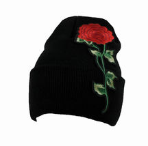 Rose V Embroider Black Beanie Knit Ski Headwear Cap Hat Warm Winter Cuff  - £15.63 GBP