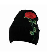 Rose V Embroider Black Beanie Knit Ski Headwear Cap Hat Warm Winter Cuff  - £15.93 GBP