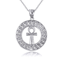 925 Sterling Silver Egyptian Ankh Cross Cuban Chain Link Frame Pendant Necklace - £34.20 GBP+