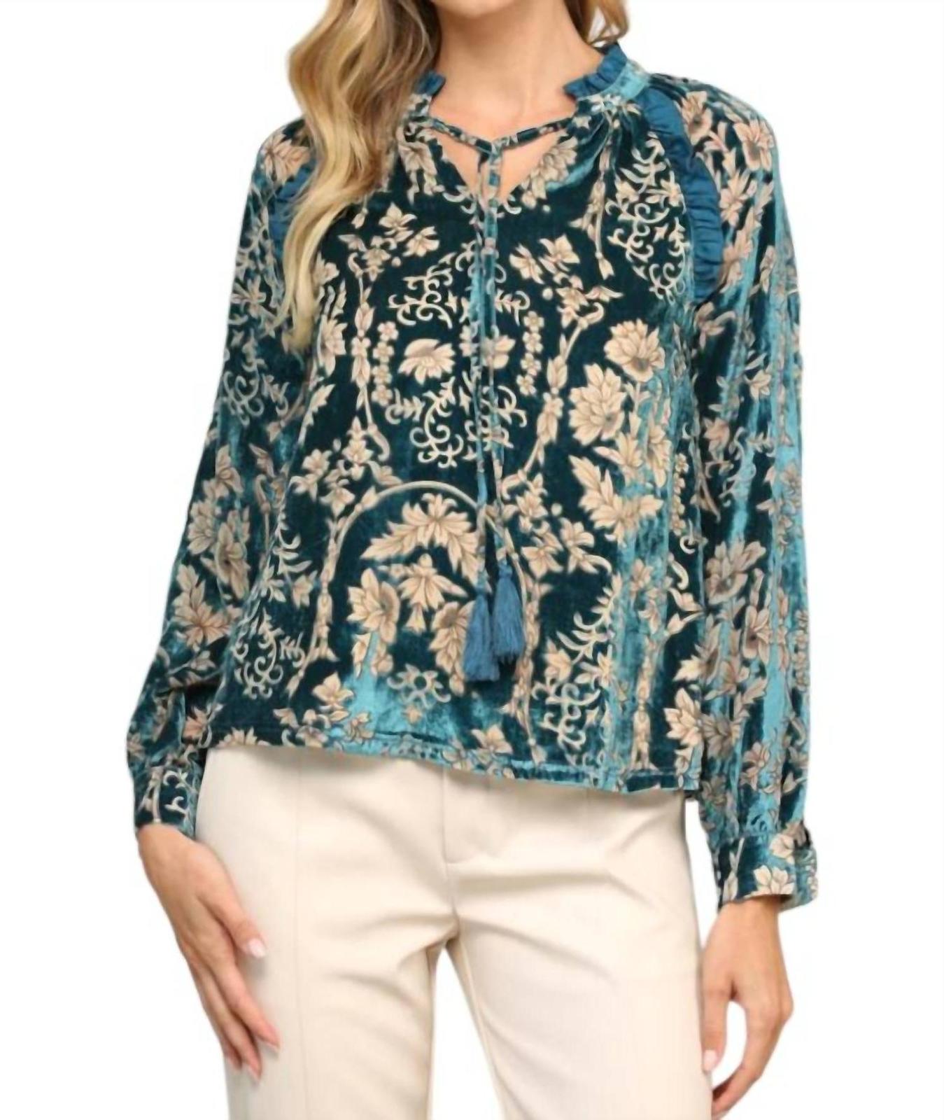 Fate Ruffle Velvet Blouse - Plus Blue Multi - $55.00