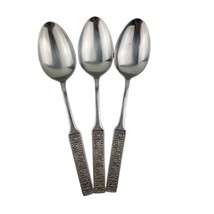 3 Orleans Silver Stainless AZTEC Oval Soup Spoons Tablespoons Vintage Ja... - $26.97 CAD