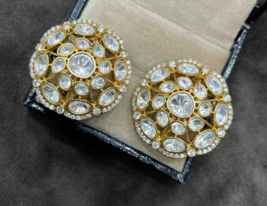 Indian Bollywood Style Gold Plated 925 Sterling Silver CZ Kundan Polki Earrings - £189.25 GBP
