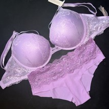 Victoria&#39;s Secret 32DDD Bra Set S Panty Lilac Purple Lace Fishnet Strappy - £59.09 GBP