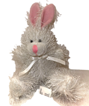 Oriental Trading Post Stuffed plush animal rabbit white, pink ears ribbon Shaggy - $8.86