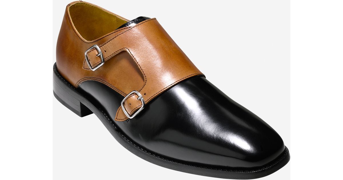 Tan Black Contrast Double Buckle Strap Monk Derby Rounded Toe Real Leather Shoes