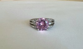 Pink Gem Ring Silver Colored Band Size 8-10 - £17.61 GBP