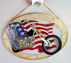 Motorcycle Stained Glass Suncatcher Chopper Hog Hawg USA Flag Patriotic Hanging - £14.17 GBP