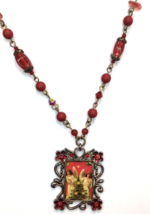 Vintage Holiday Christmas Necklace Angels and Christmas Tree Pendant Red... - £15.13 GBP