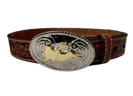 Nocona Belt Unisex Brown 26 Bonded Leather Silver Gold Bull Rider Buckle - £13.97 GBP