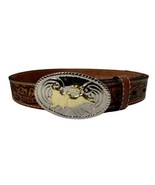 Nocona Belt Unisex Brown 26 Bonded Leather Silver Gold Bull Rider Buckle - £13.97 GBP