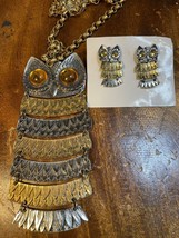 Vintage 60&#39;s Articulated Owl Necklace &amp; Clip On Earring Amber eyes New - £54.44 GBP
