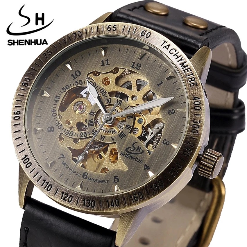 En leather strap steampunk self wind male mechanical clock wristwatch relogio masculino thumb200