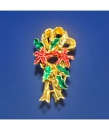 Vintage AAI Gold Tone Red Green Enamel Holly Poinsettia Ribbon Christmas... - $8.00