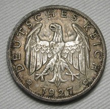 1927-J Germany 1 Reichsmark .500 Fine Silver .0804oz CH VF+ Coin AE575 - £56.97 GBP