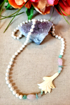 Rose Quartz Green White Jade Carved Flower Blossom Knotted Necklace Lei ... - £49.30 GBP