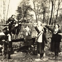 Young Women Girls Bridge Creek Woods Vintage Photograph Antique Americana - $12.95