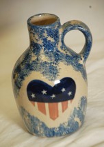 Signed Blue Sponge Stoneware Small Jug Red Heart Accent - $19.79