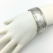 FLORAL etched sterling silver bracelet - vintage multi-flower wide cuff - £47.96 GBP
