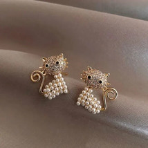 2 Ct Round Lab-Created Pearl &amp; Diamond Cat Stud Earrings 14K Yellow Gold Plated - £99.25 GBP