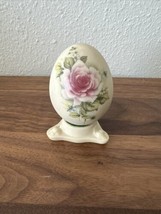 Hand Painted Bisque Porcelain Egg Vintage Pink Roses Flowers with Stand - £14.14 GBP