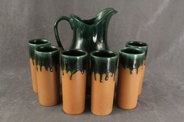 MEXICO Redware Pottery Talavera Castillo Green Drip Glaze Pitcher &amp; Tumb... - £40.70 GBP