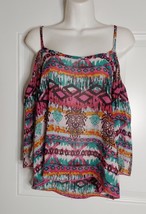 Nabee Aztec Print Cold Shoulder 3/4 Sleeve Pullover Tunic Top Blouse Size Small - £5.30 GBP