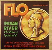 Vintage Food Fruit Advertising Label FLO Indian River Citrus Fruit Oak Hill FL - £11.66 GBP