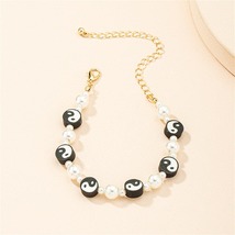 Black Polymer Clay &amp; Pearl Yin Yang Station Bracelet - £11.17 GBP