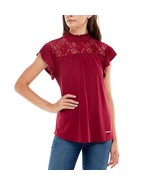 Adrienne Vittadini Womens L Beet Red Flutter Sleeve Lace Detailing Top N... - $401.51 MXN