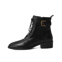 Women Winter Genuine Leather Ankle Boots Round Toe Women Boots with Zipper Lace  - £131.26 GBP
