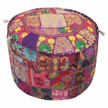 Indian Round Pouf Vintage Ottoman Patchwork Footstool Embroidered Pouffe Cover - £21.11 GBP+