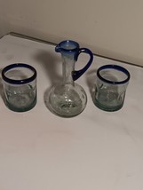 Mexican Hand-Blown Glass Pitcher Set With Cobalt Blue Rimmed Glasses Fas... - $34.59