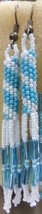 Native American Beaded Dangle Earrings 3.5&quot; Glass Bugle Beads Blue &amp; White - £19.91 GBP