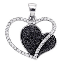 10k White Gold Round Black Color Enhanced Diamond Double Heart Love Pendant 3/8 - £286.30 GBP