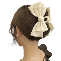 Cream Satin Ribbon Bowknot Hair Claw Shark Clip Large 5.9&quot; New Neutral Accessory - £9.96 GBP